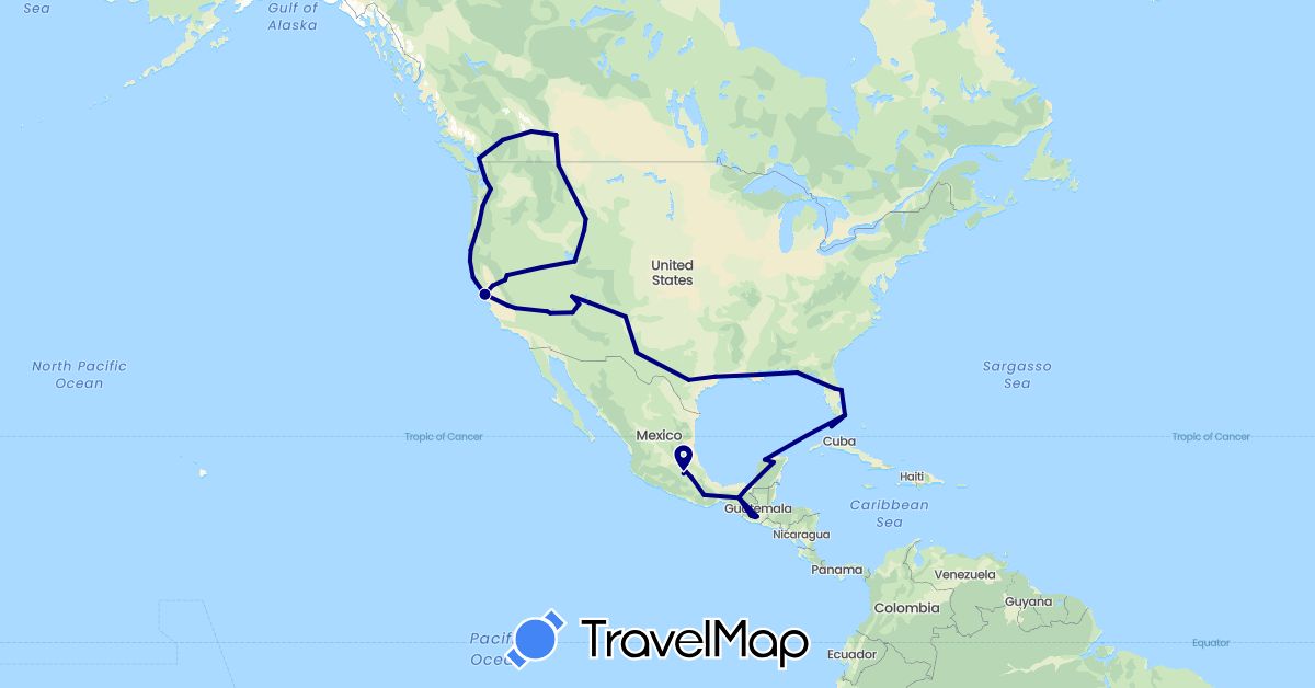 TravelMap itinerary: driving in Canada, Guatemala, Mexico, United States (North America)
